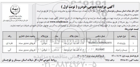 مزایده، مزایده فروش تعداد دو دستگاه خودرو