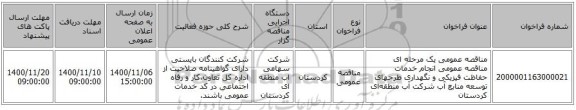 مناقصه عمومی یک مرحله ای مناقصه عمومی انجام خدمات حفاظت فیزیکی و نگهداری طرحهای توسعه منابع آب شرکت آب منطقه‌ای کردستان