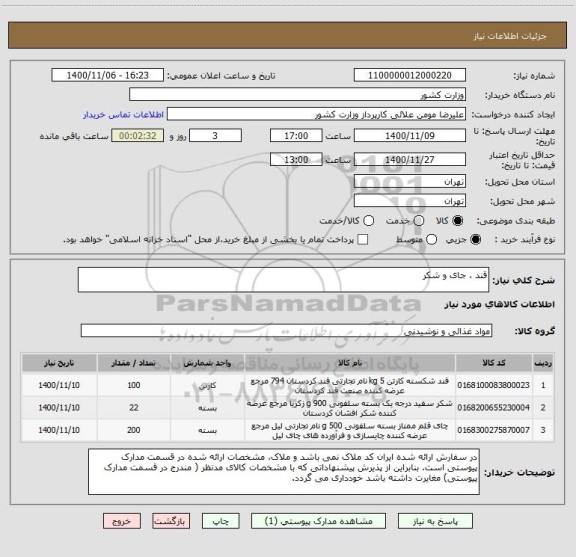 استعلام قند ، جای و شکر