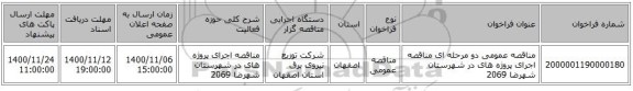 مناقصه عمومی دو مرحله ای مناقصه اجرای پروژه های در شهرستان  شهرضا 2069