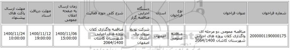 مناقصه عمومی دو مرحله ای واگذاری کلان پروژه های اجرایی شهرستان کاشان 2064/1400