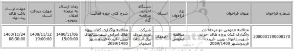 مناقصه عمومی دو مرحله ای واگذاری کلان پروژه های اجرایی شهرستانهای بویین -فریدن-فریدونشهر 2059/1400