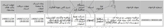 مناقصه عمومی دو مرحله ای واگذاری کلان پروژه های اجرایی شهرستان آران و بیدگل 2058/1400