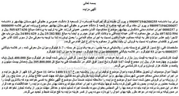 مزایده فروش نخ نسوز گرافیتی نوع بسته بندی : پلاستیکی