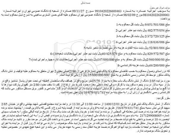 مزایده فروش 2/85 دانگ از شش دانگ یک باب مغازه به متراژ 25/79متر مربع