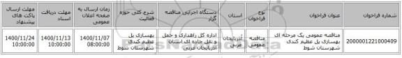 مناقصه عمومی یک مرحله ای بهسازی پل عظیم کندی شهرستان شوط   ‏‏‏‏