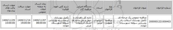 مناقصه عمومی یک مرحله ای تکمیل بهسازی آسفالت راه روستایی سولغه شهرستان مهاباد