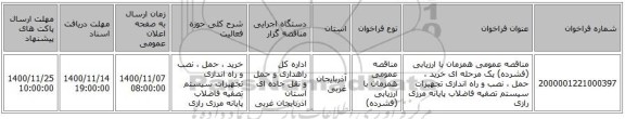 مناقصه عمومی همزمان با ارزیابی (فشرده) یک مرحله ای خرید ، حمل ، نصب و راه اندازی تجهیزات سیستم تصفیه فاضلاب پایانه مرزی رازی