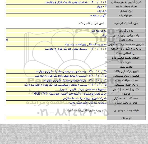 خرید کابل آلومینیوم ۲۰ کیلو ولت( فشار متوسط) ۲۴۰*۱ XPLE