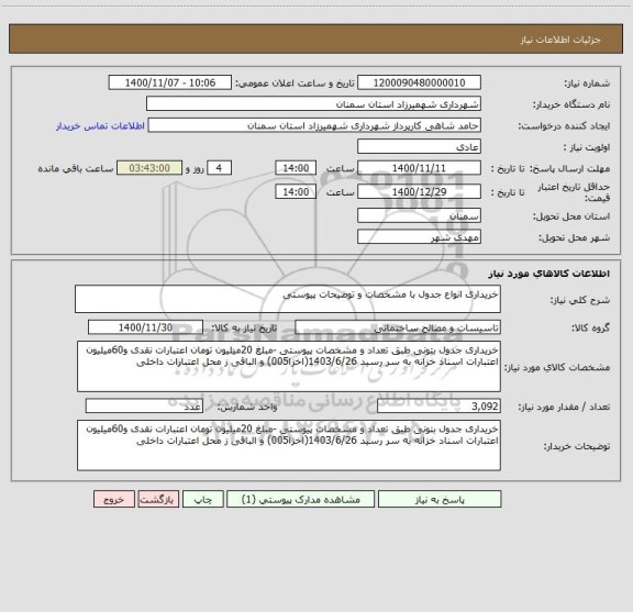 استعلام خریداری انواع جدول با مشخصات و توضیحات پیوستی