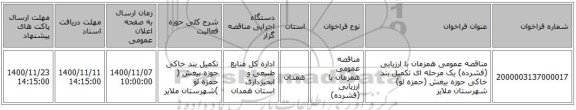 مناقصه عمومی همزمان با ارزیابی (فشرده) یک مرحله ای تکمیل بند خاکی حوزه بیغش (حمزه لو) شهرستان ملایر