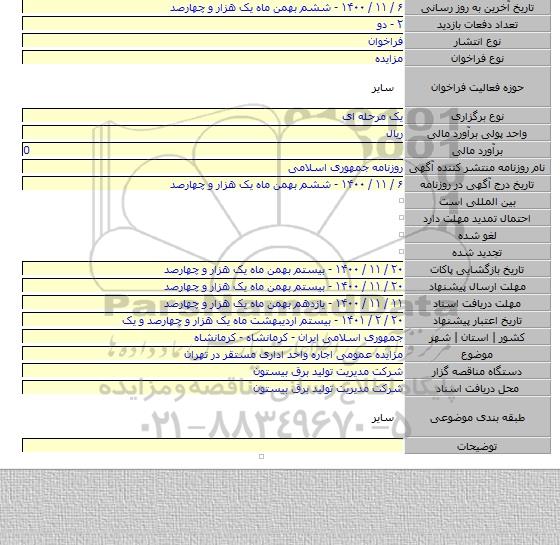 مزایده عمومی اجاره واحد اداری مستقر در تهران