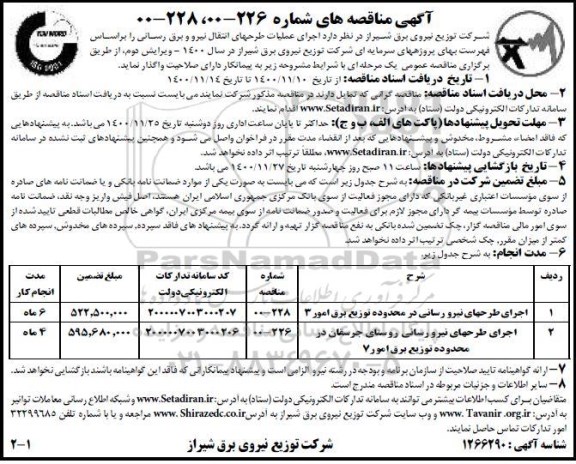 مناقصه اجرای طرح های نیرورسانی ..