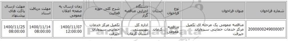مناقصه عمومی یک مرحله ای تکمیل مرکز خدمات حمایتی سبزواران جیرفت