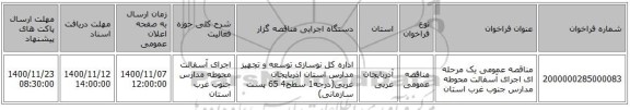 مناقصه عمومی یک مرحله ای اجرای آسفالت محوطه مدارس جنوب غرب استان