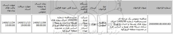 مناقصه عمومی یک مرحله ای تجدیدمناقصه شماره 1400/99 اجرای پروژه های توسعه و احداث و بهینه سازی شبکه های توزیع بر اساس طرح در محدوده  منطقه فیروزکوه