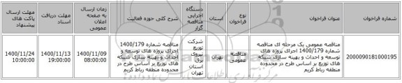 مناقصه عمومی یک مرحله ای  مناقصه شماره 1400/179 اجرای پروژه های توسعه و احداث و بهینه سازی شبکه های توزیع بر اساس طرح در محدوده  منطقه رباط کریم