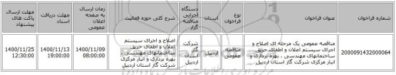 مناقصه عمومی یک مرحله ای اصلاح و اجرای سیستم اعلان و اطفای حریق ساختمانهای مهندسی ، بهره برداری و انبار مرکزی شرکت گاز استان اردبیل 