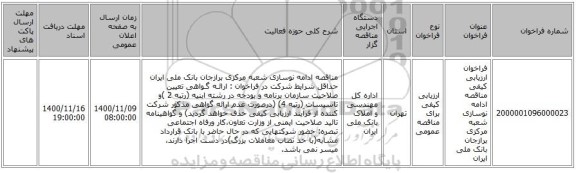 فراخوان ارزیابی کیفی مناقصه ادامه نوسازی شعبه مرکزی برازجان بانک ملی ایران
