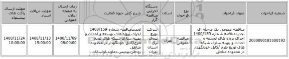 مناقصه عمومی یک مرحله ای تجدیدمناقصه شماره 1400/159 اجرای پروژه های توسعه و احداث و بهینه سازی شبکه های توزیع طرح /کابل خودنگهدار در محدوده  مناطق