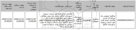 مناقصه عمومی یک مرحله ای تجدید واگذاری انجام کلیه امور خدمات شهری  شهرداری کنگاور
