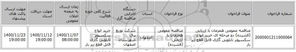 مناقصه عمومی همزمان با ارزیابی (فشرده) دو مرحله ای خرید انواع سکسیونر تابلویی گازی قابل قطع زیر بار