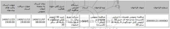 مناقصه عمومی همزمان با ارزیابی (فشرده) دو مرحله ای خرید 50 کیلومتر کابل خودنگهدار 6 رشته ای سایز 35 