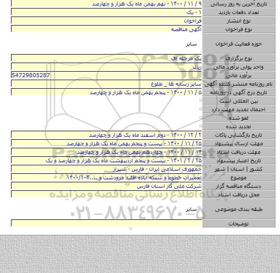 تعمیرات خطوط و شبکه آباده اقلید مرودشت و ....۱۴۰۰/۱۰۳