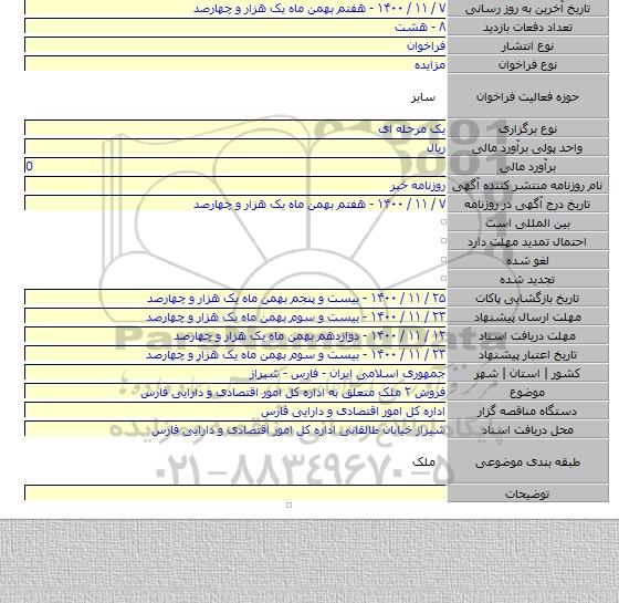فروش ۲ ملک متعلق به اداره کل امور اقتصادی و دارایی فارس