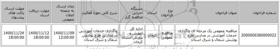مناقصه عمومی یک مرحله ای واگذاری خدمات آموزشی  در مدارس طرح پوشش شمال و شرق استان 