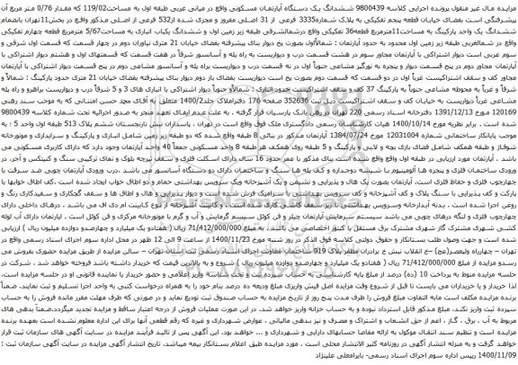 آگهی مزایده ششدانگ یک دستگاه آپارتمان مسکونی واقع در میانی غربی طبقه اول به مساحت119/02