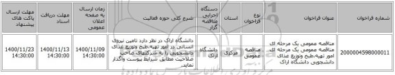 مناقصه عمومی یک مرحله ای مناقصه عمومی یک مرحله ای امور تهیه،طبخ وتوزیع غذای دانشجویی دانشگاه اراک