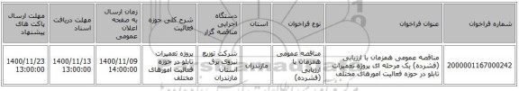مناقصه عمومی همزمان با ارزیابی (فشرده) یک مرحله ای پروژه تعمیرات تابلو در حوزه فعالیت امورهای مختلف 