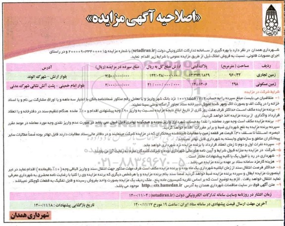 اصلاحیه مزایده فروش زمین تجاری و مسکونی