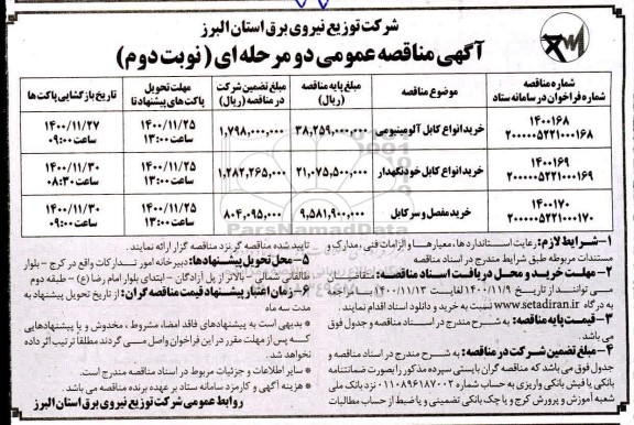 مناقصه، مناقصه خرید انواع کابل الومینیومی و... - نوبت دوم 