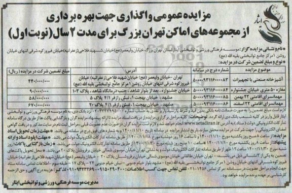 مزایده واگذاری جهت بهره برداری از مجموعه های اماکن تهران