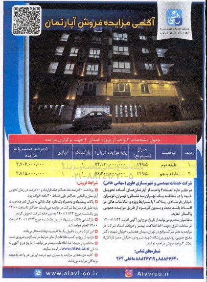 مزایده مزایده واگذاری دو واحد آپارتمان های آماده تحویل