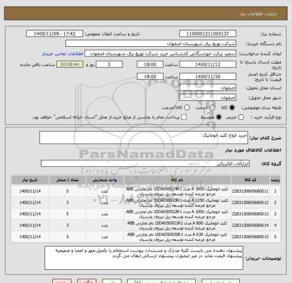 استعلام خرید انواع کلید اتوماتیک ، سایت ستاد