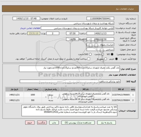 استعلام باند گچی یکبار مصرف ارتوپدی سایز10تعداد500عددو سایز15تعداد1000عددمورد نیاز