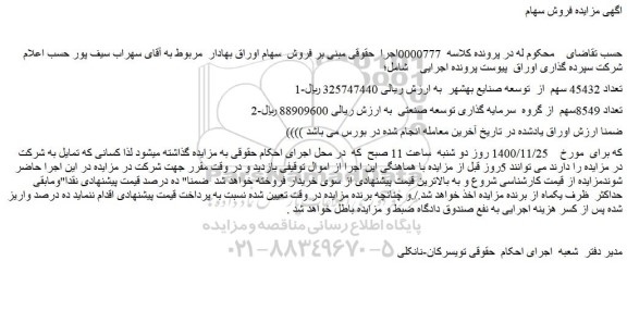 مزایده فروش 1-تعداد 45432 سهم از توسعه صنایع بهشهر