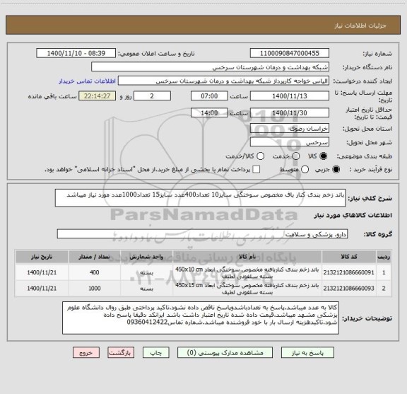 استعلام باند زخم بندی کنار باف مخصوص سوختگی سایز10 تعداد400عدد سایز15 تعداد1000عدد مورد نیاز میباشد