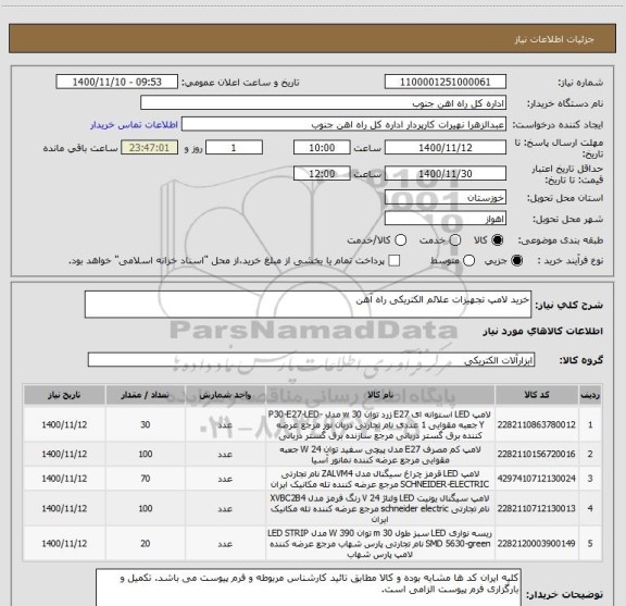 استعلام خرید لامپ تجهیزات علائم الکتریکی راه آهن 