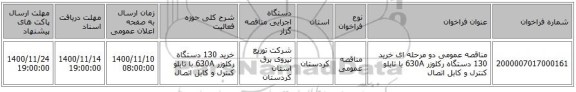 مناقصه عمومی دو مرحله ای خرید 130 دستگاه رکلوزر 630A با تابلو کنترل و کابل اتصال
