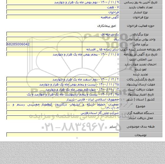 تعمیرات خطوط شبکه و انشعاب درکارزرون کوهچنار ممسنی رستم و ...۱۴۰۰/۱۰۲
