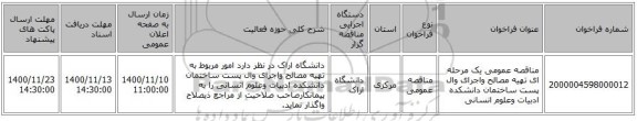 مناقصه عمومی یک مرحله ای تهیه مصالح واجرای وال پست ساختمان دانشکده ادبیات وعلوم انسانی 
