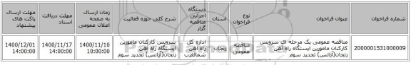 مناقصه عمومی یک مرحله ای سرویس کارکنان  مامورین ایستگاه راه آهن زنجان(آژانس) تجدید سوم