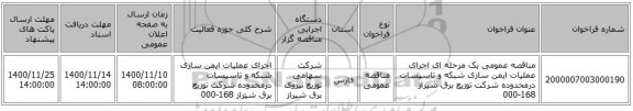مناقصه عمومی یک مرحله ای اجرای عملیات ایمن سازی شبکه و تاسیسات درمحدوده شرکت توزیع برق شیراز 168-000
