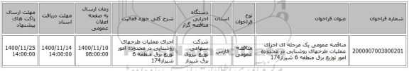 مناقصه عمومی یک مرحله ای اجرای عملیات طرحهای روشنایی در محدوده امور توزیع برق منطقه 6 شیراز174