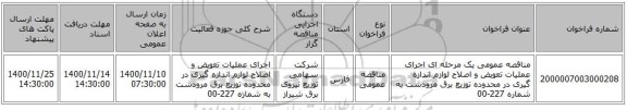 مناقصه عمومی یک مرحله ای اجرای عملیات تعویض و اصلاح لوازم اندازه گیری در محدوده توزیع برق مرودشت به شماره 227-00
