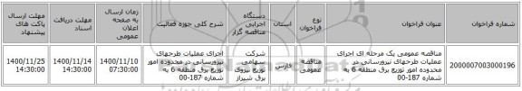 مناقصه عمومی یک مرحله ای اجرای عملیات طرحهای نیرورسانی در محدوده امور توزیع برق منطقه 6 به شماره 187-00